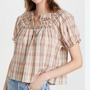 THE GREAT. Beige and Pink Plaid Smocked Blouse size 2